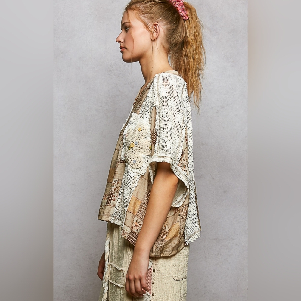POL Patchwork Crochet Beige & Cream Boho Top - Picture 3 of 5